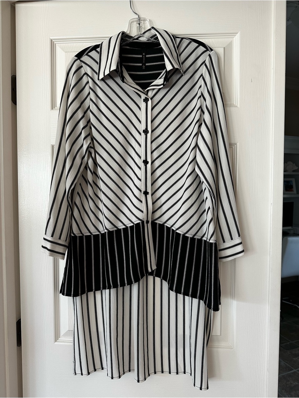 Striped Black & White Midi Dress with Contrast Panel